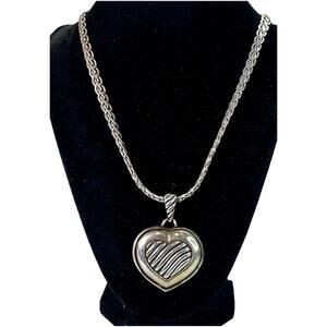Large Two-Tone Heart Pendant Necklace - Silver & Gold Tone - Link Chain 24”